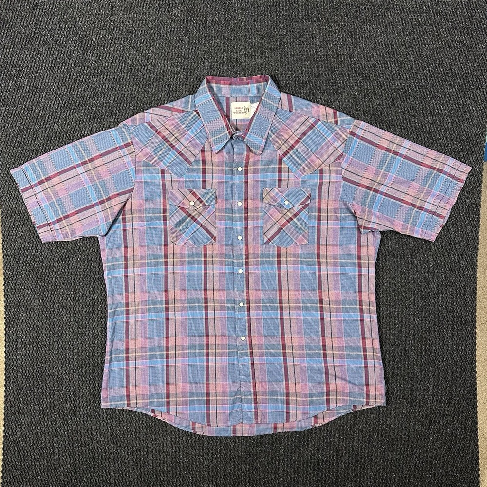 Vintage Saddle King Western Pearl Snap Shirt Men 18.5 2XL Purple Plaid USA Made